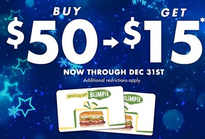 Buy a $50 Blimpie Gift Card and Receive a $15 Blimpie Bonus E-Card for Free Through to December 31