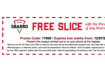 Join the Online Slice Society at Sbarro Pizza and Get a Coupon for a Free XL NY Slice with Beverage Purchase