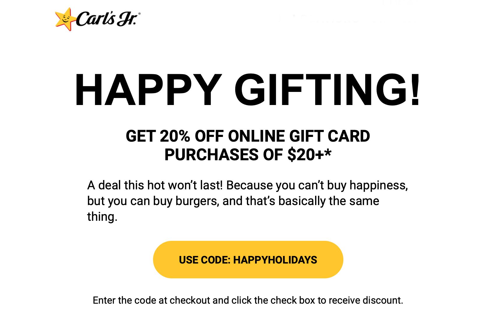 Save 20% with Online Gift Card Purchases of $20 or More at Carl's Jr. with Promo Code