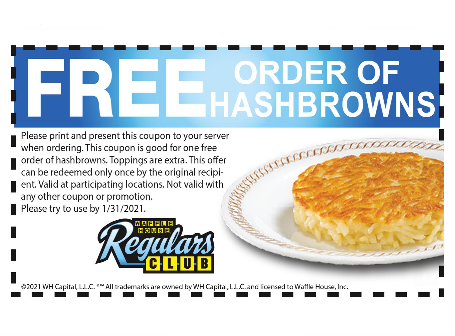 Waffle House Has Just Sent Out a New Free Hashbrown Coupon to All Regulars Club Members