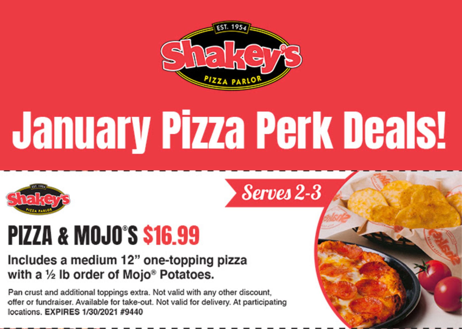 Medium Pizza and Mojo's are Available for $16.99 at Shakey's Pizza with a Limited Time Only Coupon