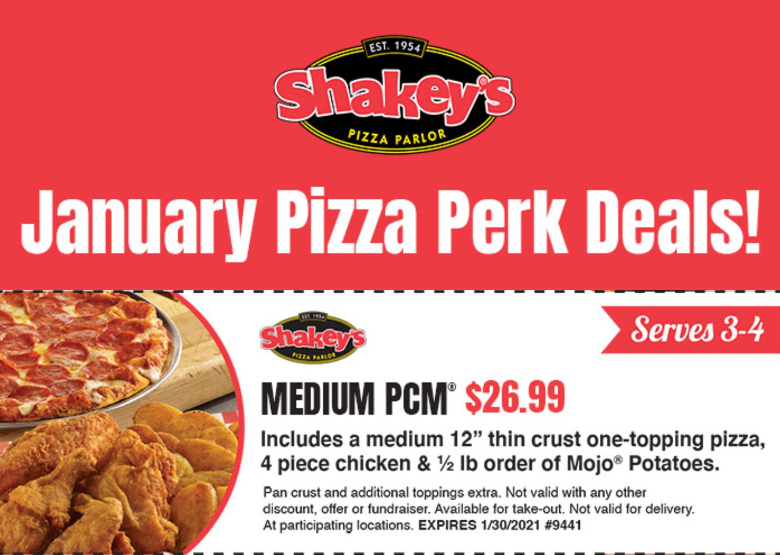 Shakey's Pizza is Offering a One Use Only $26.99 PCM Meal Coupon Valid Through to January 30