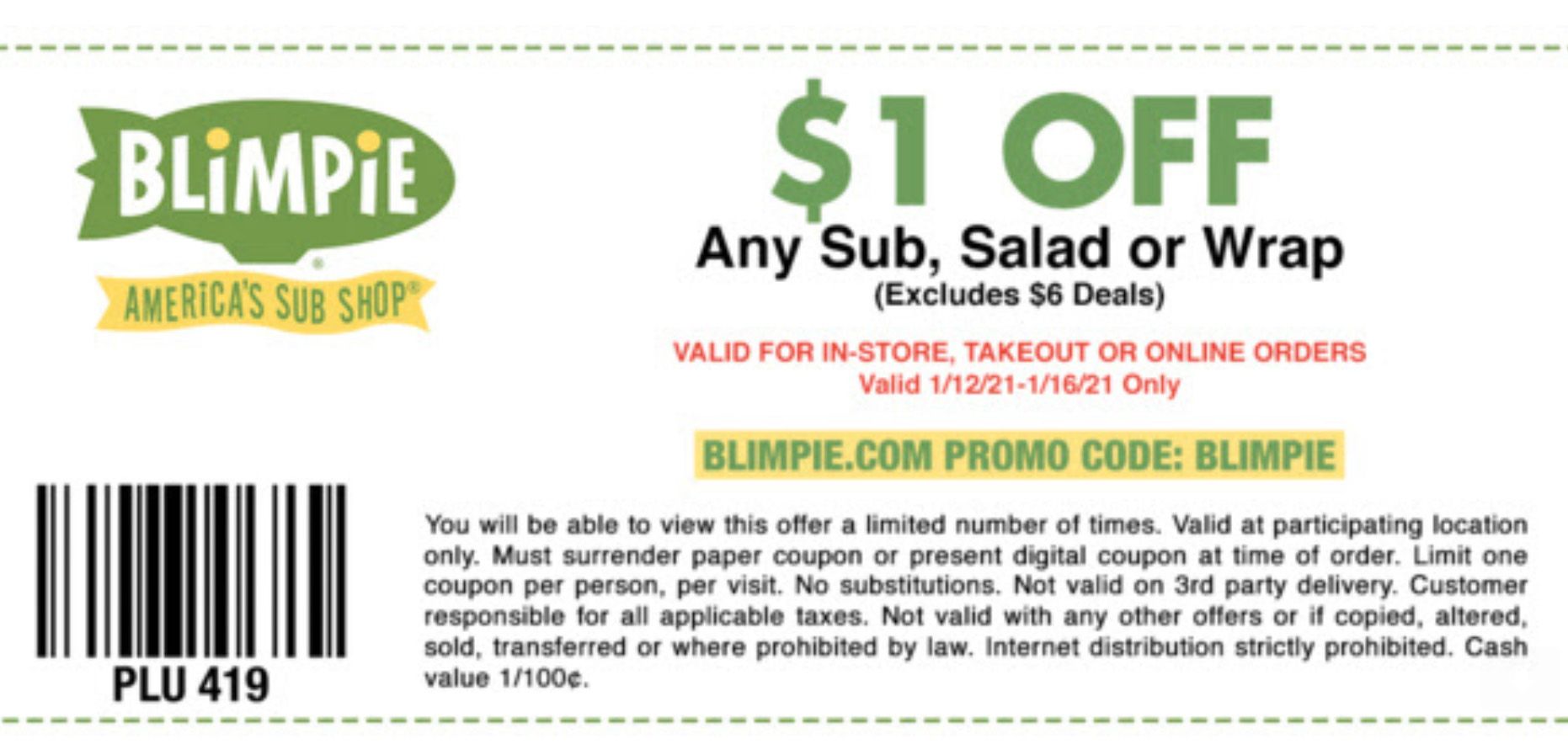 Four Days Only: Blimpie Rewards Members Check Your Inbox for a New $1 Off Coupon and Promo Code