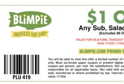 Four Days Only: Blimpie Rewards Members Check Your Inbox for a New $1 Off Coupon and Promo Code