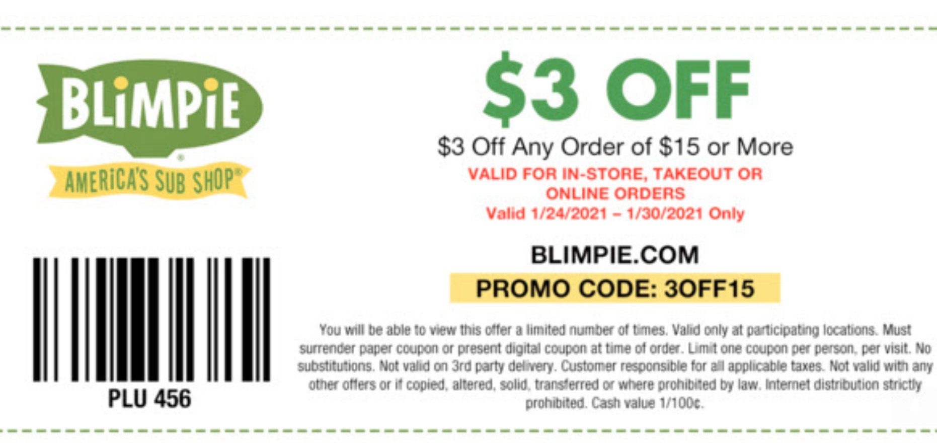 Blimpie's EClub Members Check Your Inbox for a $3 Off Coupon & Promo Code Valid Through to January 30