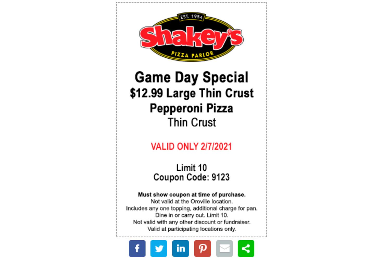 February 7 Only: Pizza Perks Members Check Your Inbox for a $12.99 Large Pepperoni Pizza Coupon at Shakey's Pizza