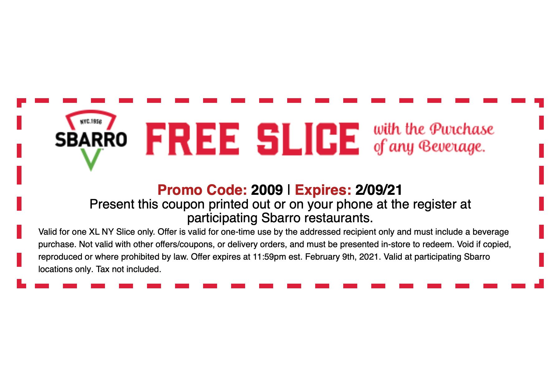 Slice Society Members Check Your Inbox: Get a Free XL NY Slice with Drink Purchase from Sbarro Pizza with a New Coupon