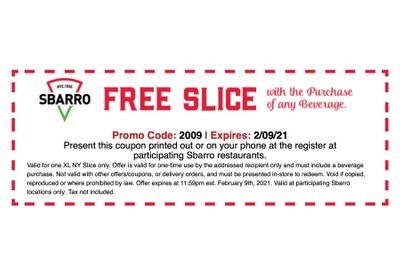 Slice Society Members Check Your Inbox: Get a Free XL NY Slice with Drink Purchase from Sbarro Pizza with a New Coupon