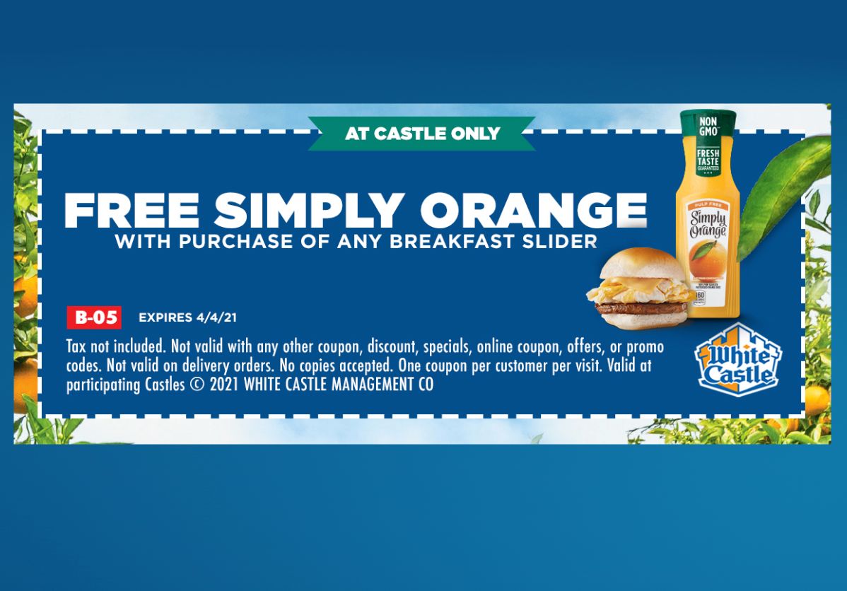 Buy a Breakfast Slider In-Restaurant and Get a Free Simply Orange with a New White Castle Coupon Through to April 4