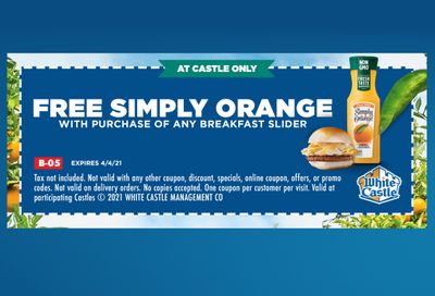 Buy a Breakfast Slider In-Restaurant and Get a Free Simply Orange with a New White Castle Coupon Through to April 4
