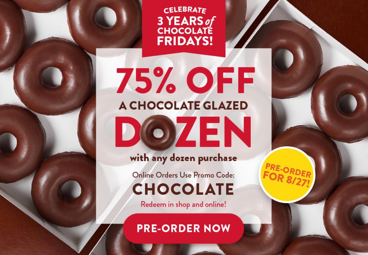 On August 27 Receive 75% Off Krispy Kreme’s Chocolate Dozen When You Buy 1 Dozen at Full Price