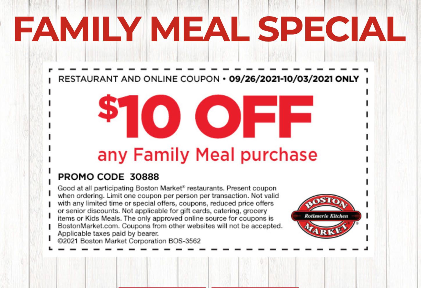 Rotisserie Rewards Members Get $10 Off Any Family Meal at Boston Market with a New Email Coupon