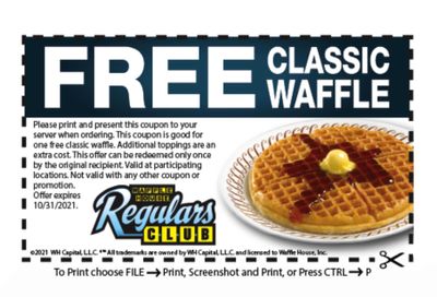 Free Classic Waffle for Members of the Waffle House Regulars Club with Coupon