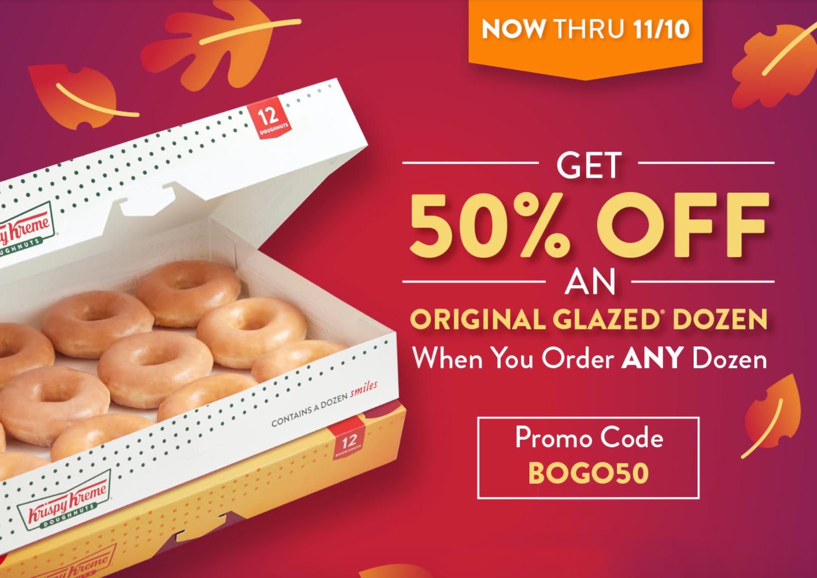 Get 50% Off an Original Glazed Dozen With the Online Purchase of a Fully Priced Dozen at Krispy Kreme