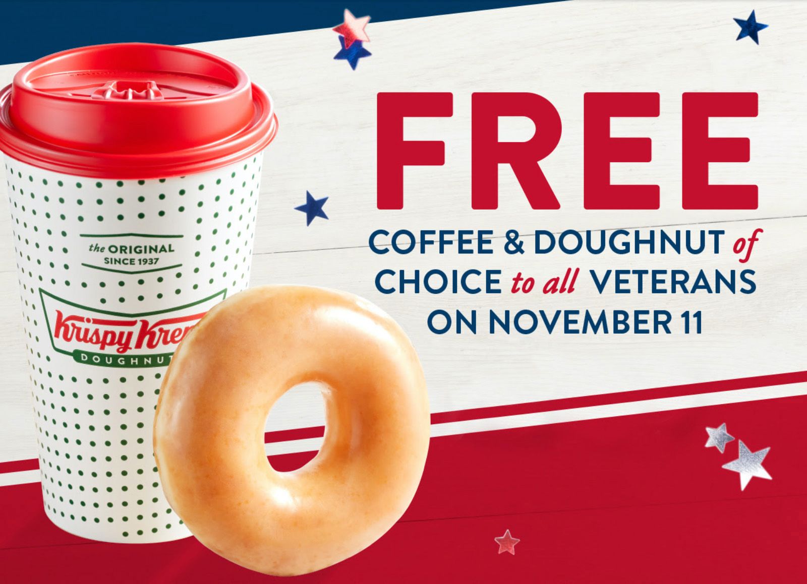 Veterans Will Receive a Free Brewed Coffee and Doughnut In-shop at Krispy Kreme on November 11