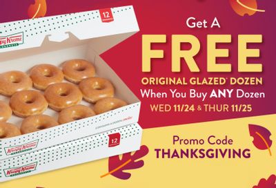 Two Days Only: Get a Free Original Glazed Dozen with the Purchase of a Fully Priced Dozen this Thanksgiving at Krispy Kreme