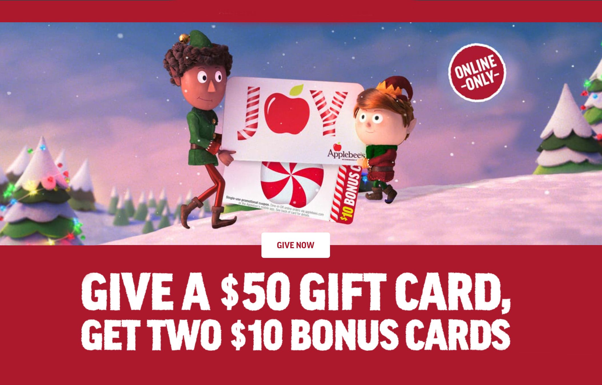 Claim 2 $10 Bonus Cards When You Buy a $50 Gift Card Online from Black Friday to Cyber Monday at Applebee's