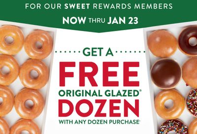 Rewards Members Can Buy 1 Dozen and Get 1 Free Original Glazed Dozen Through to January 23 at Krispy Kreme Rewards Members Can Buy 1 Dozen and Get 1 Free Original Glazed Dozen Through to January 23 at Krispy Kreme