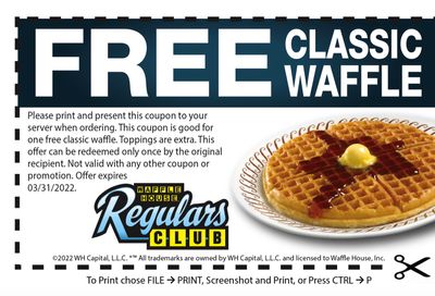 One Free Waffle: Members of the Waffle House Regulars Club, Check Your Inbox for a New Free Waffle Coupon