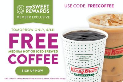 Rewards Members Can Claim a Free Medium Hot or Ice Brewed Coffee In-shop on June 13 at Krispy Kreme 