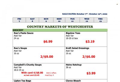 Country Markets of Westchester (NY) Weekly Ad Flyer Specials October 7 to October 13, 2022