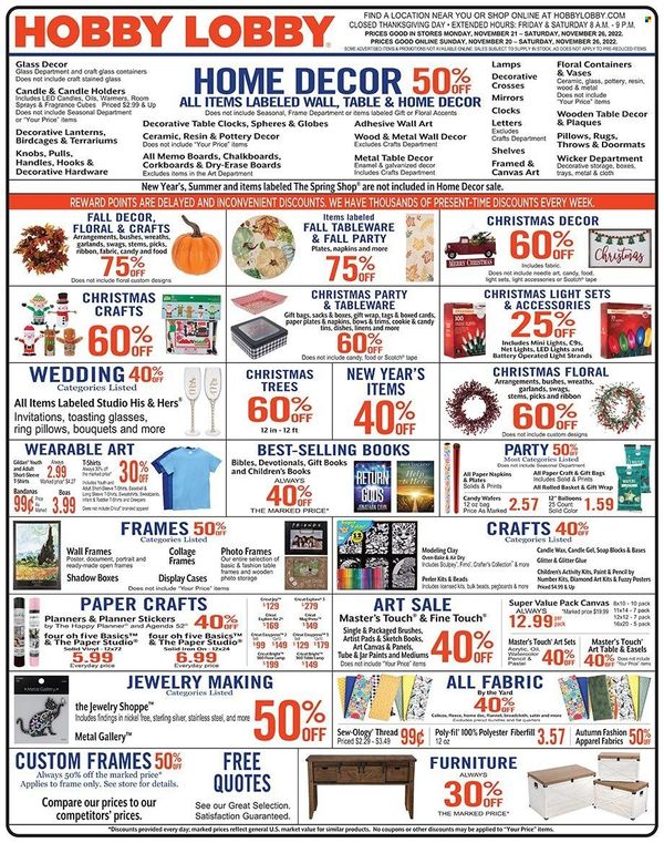 Hobby Lobby Weekly Ad Flyer Specials November 20 to November 26, 2022