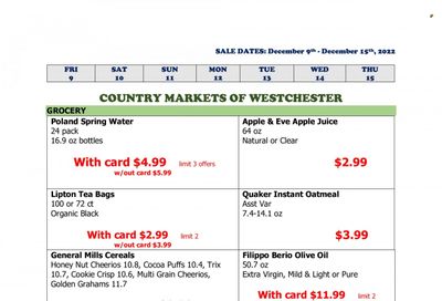 Country Markets of Westchester (NY) Weekly Ad Flyer Specials December 9 to December 15, 2022