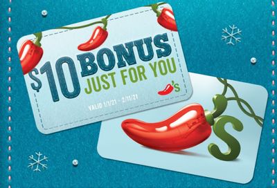 Get a $10 E-Bonus Card When You Buy a $50 Gift Card Online at Chili’s Through to December 31 Get a $10 E-Bonus Card When You Buy a $50 Gift Card Online at Chili’s Through to December 31