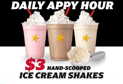 Save with $3 Shakes In-app or Online from 2 PM to 5 PM at Carl’s Jr. Daily: A My Rewards Exclusive Save with $3 Shakes In-app or Online from 2 PM to 5 PM at Carl’s Jr. Daily: A My Rewards Exclusive